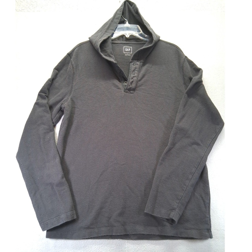 Gap Mens Henley Hoodie Charcoal Gray Textured Waffle Knit Long Sleeve Pullover L